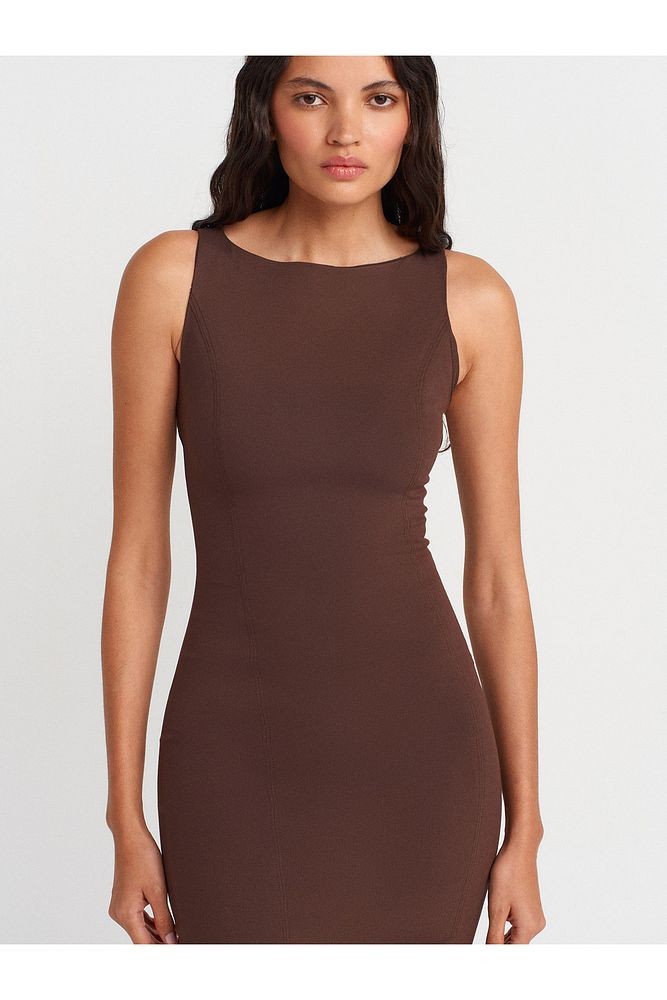91099 Vücuda Oturan Midi Elbise-Kahve