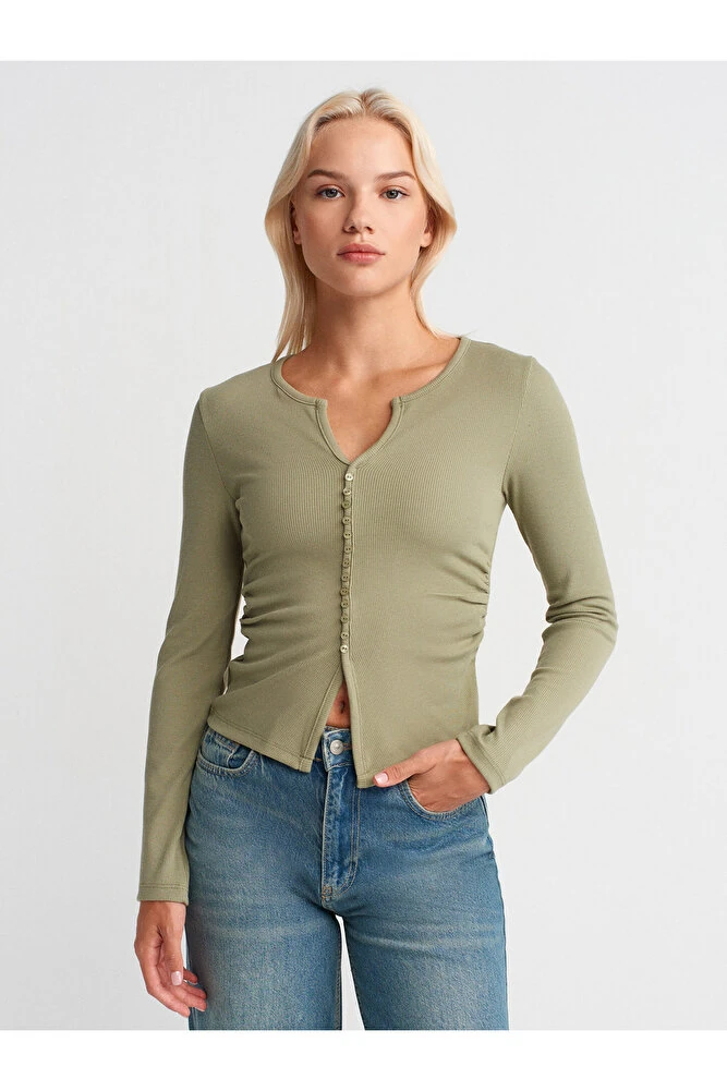 31548 Düğme Detaylı Büzgülü Top-Çağla - Çağla