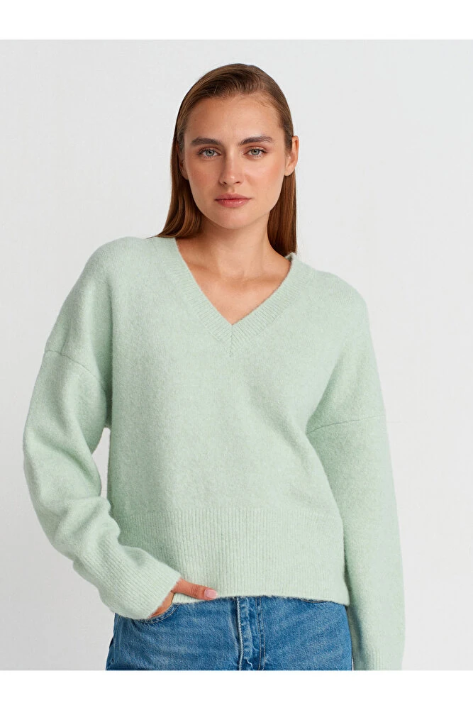 10645 V Yaka Yün Karışımlı Triko Kazak-A.Bej Mel. - Koyu Mint