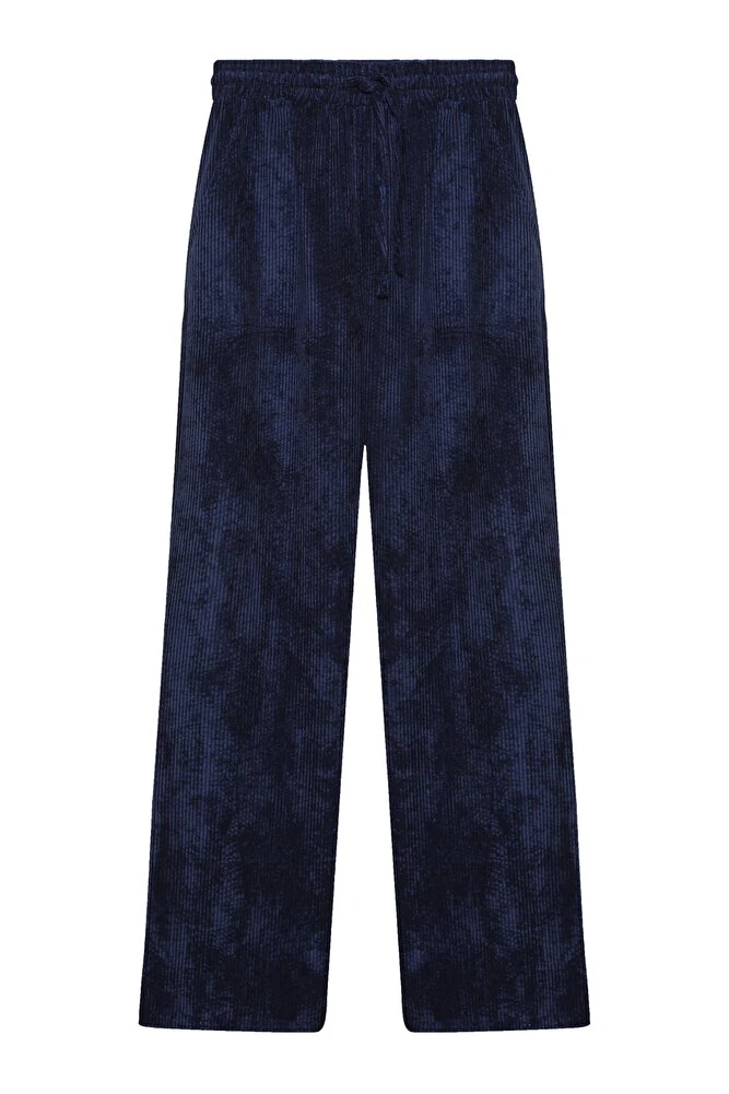 Bol paça kadife kumaş beli lastikli pantolon - Lacivert