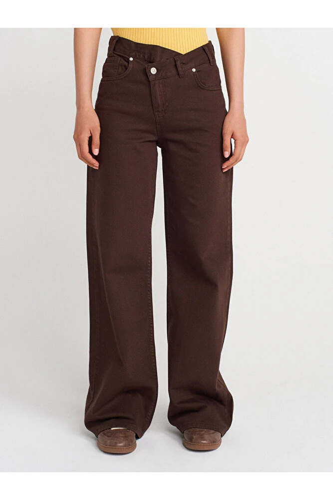 71991 Asimetrik Pamuklu Denim Pantolon-Kahve