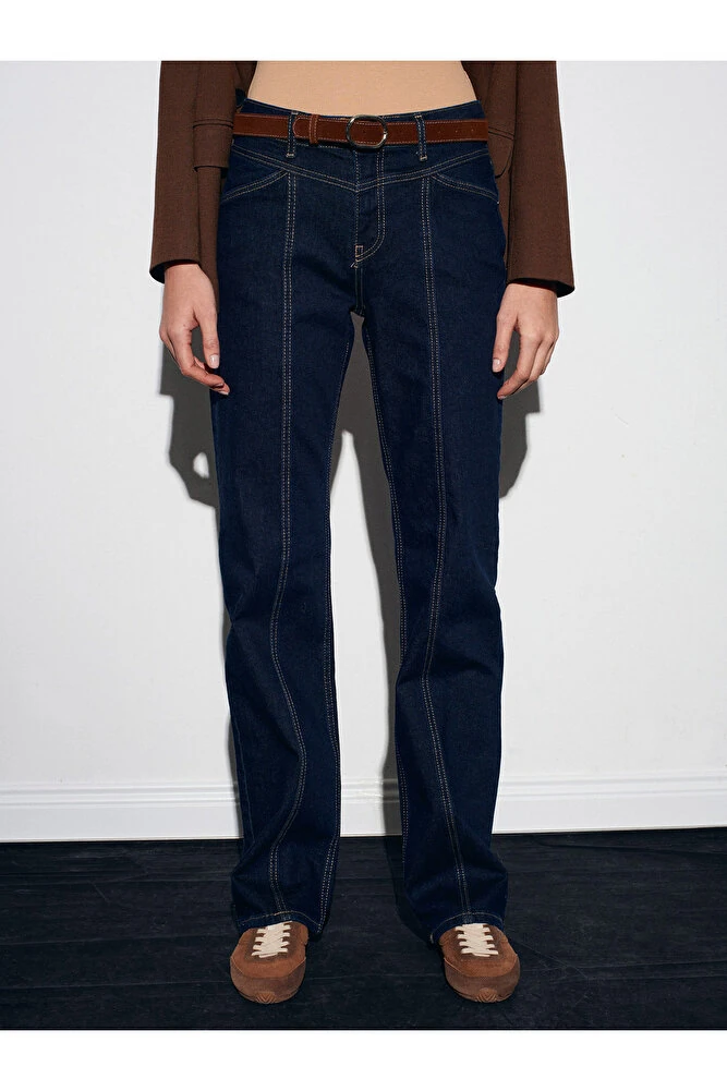 72087 Kemerli Dikiş Detaylı Jean-Lacivert