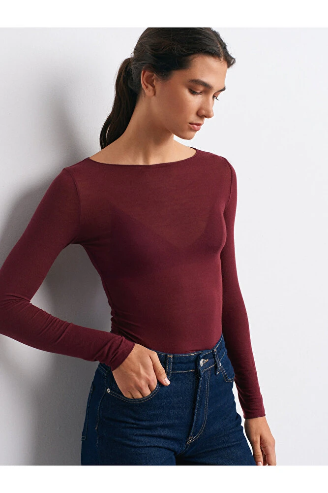 32122 Kayık Yaka Modal Kaşmir Ultra Hafif Bluz-Bordo