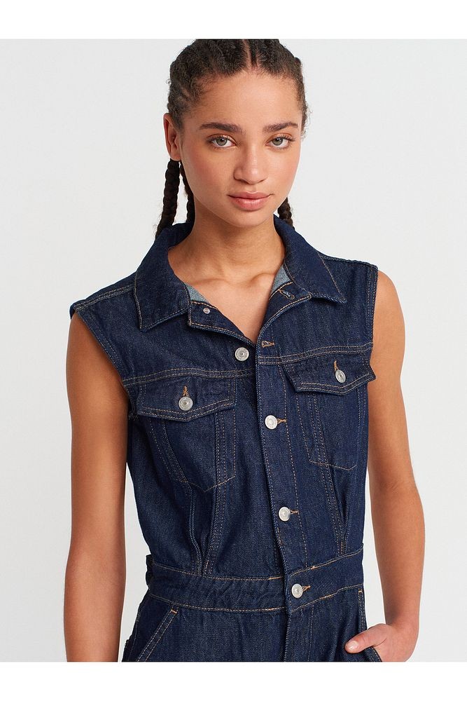 71804 Kolsuz Uzun Denim Tulum-Lacivert