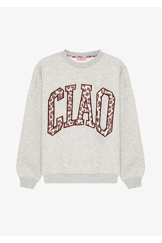 Leopar Desenli Yazı Baskılı Oversize Sweatshirt Grimelanj