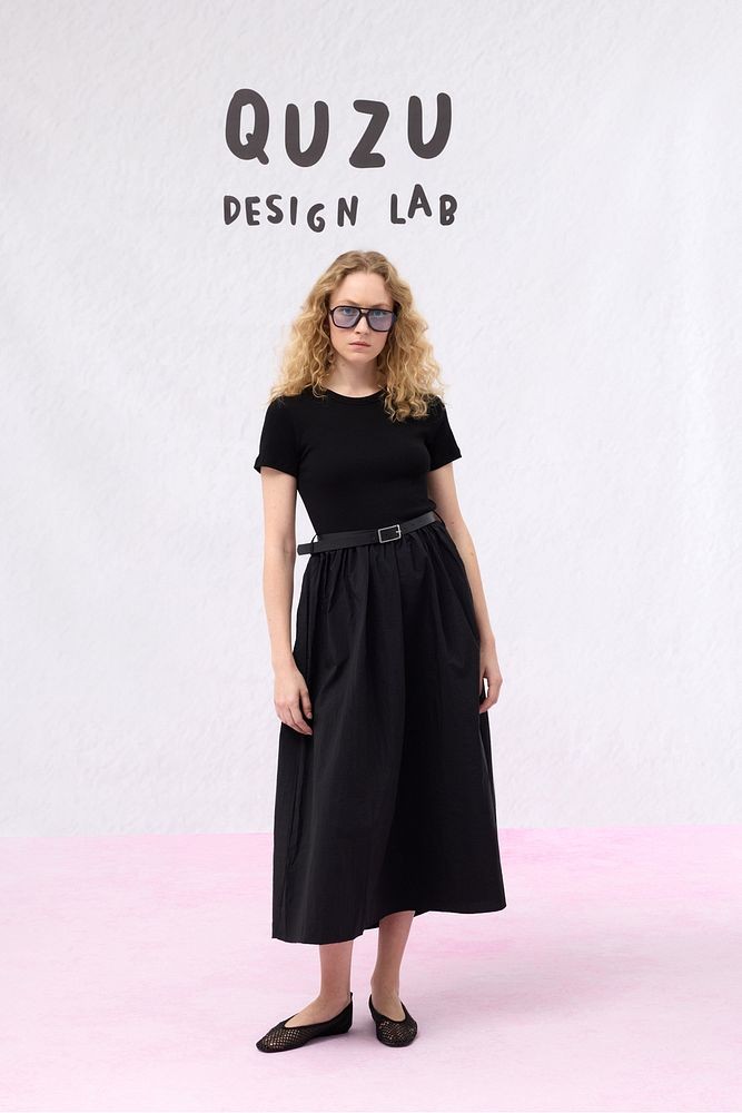 Beli Kemerli Basic Midi Elbise Siyah