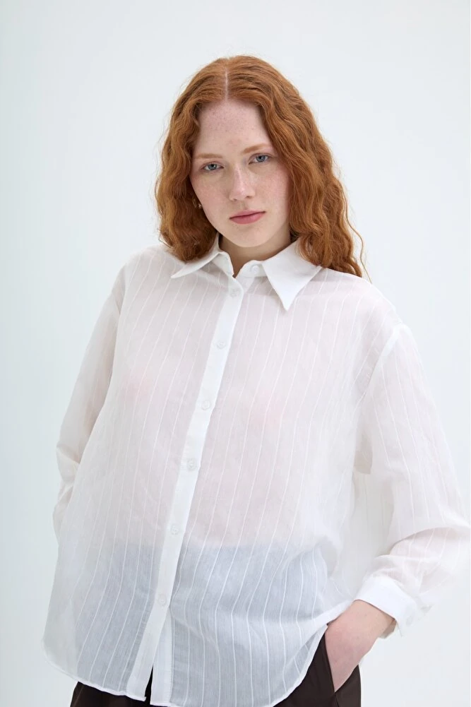 İnce Çizgili Düğmeli Oversize Gömlek - Ekru