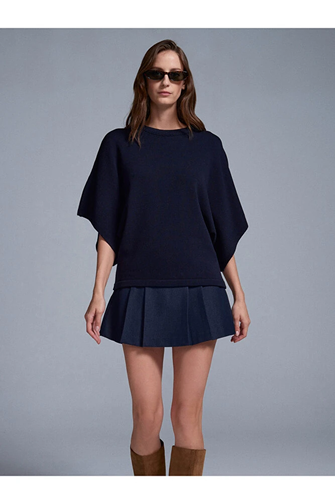 10835 Bisiklet Yaka Yarasa Kol Kazak-Bordo - Lacivert