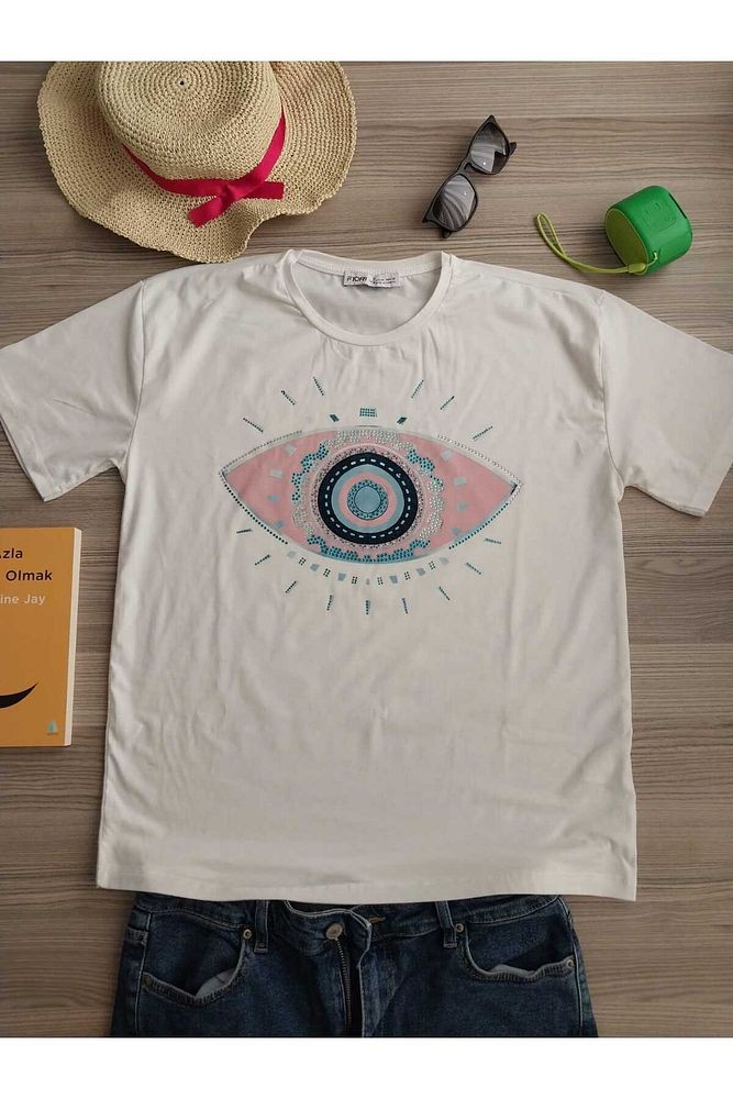 Göz Baskılı 1.Kalite Pamuklu Rahat Kalıp T-Shirt
