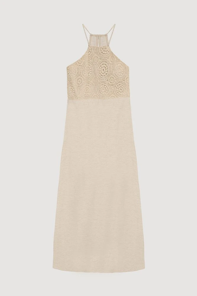 Halter Yaka Dantelli Uzun Elbise Naturel