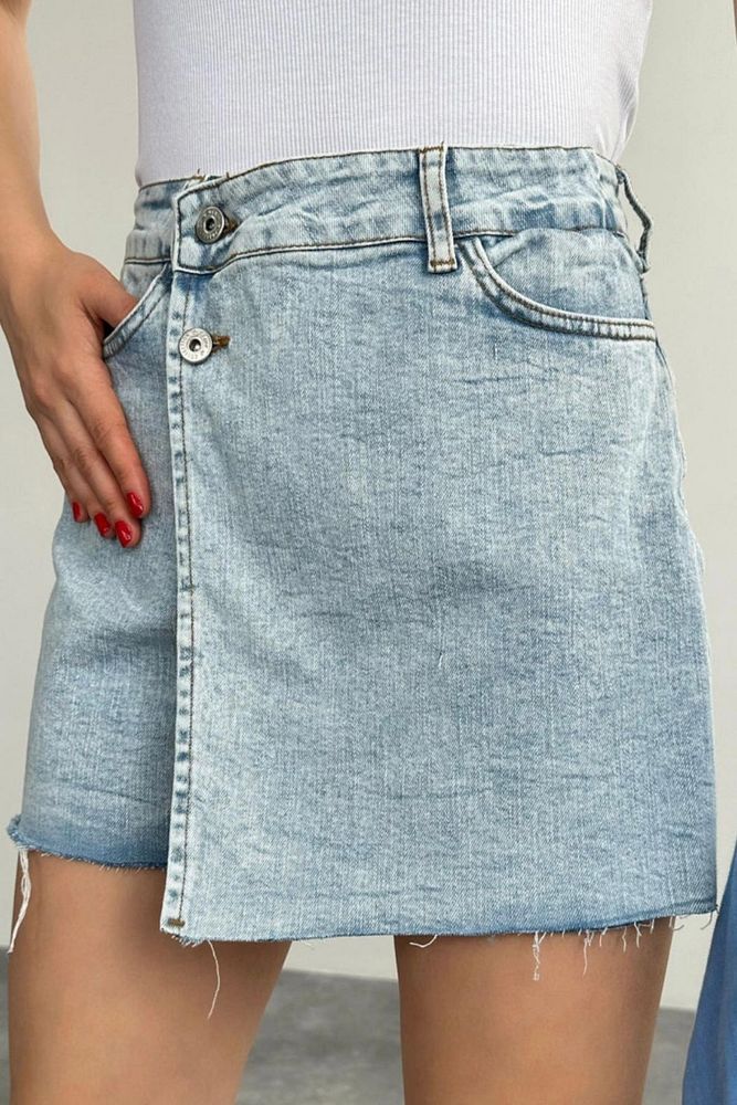 Kadın Mavi Çift Düğmeli Kısa Kot Şort Etek