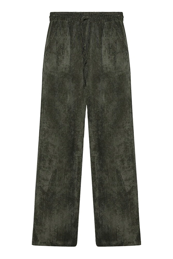 Bol paça kadife kumaş beli lastikli pantolon - Yeşil