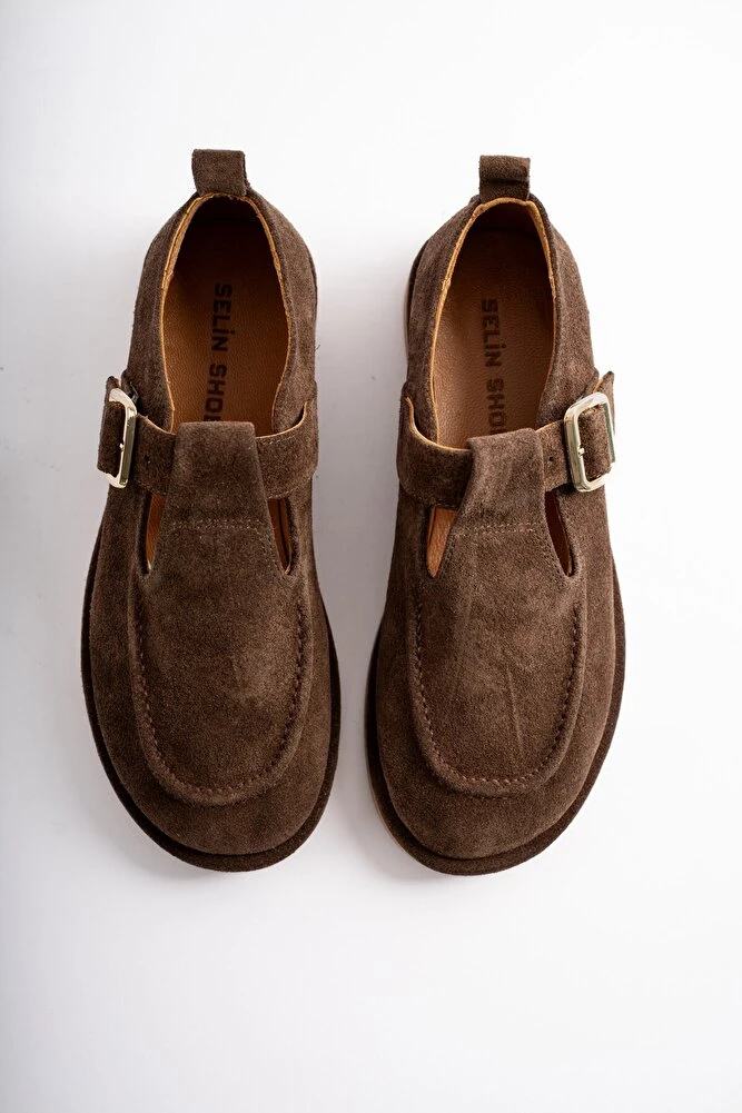 Cassiel Hakiki Deri Gold Ayarlanabilir Toka Detaylı Kadın Loafer- SİYAH SÜET - Kahve Süet