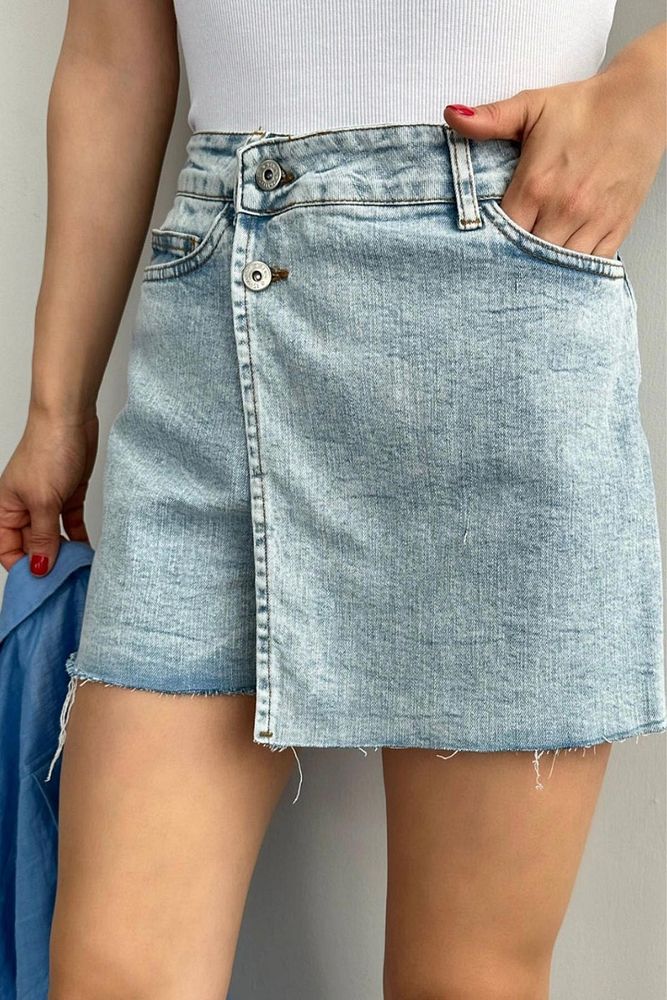 Kadın Mavi Çift Düğmeli Kısa Kot Şort Etek