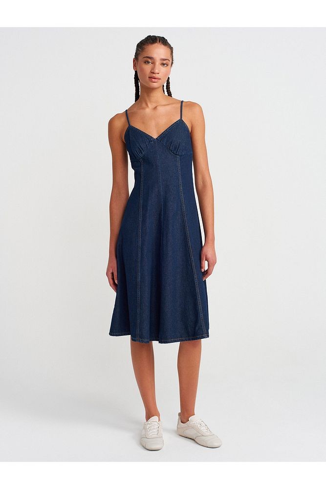 90549 Askılı Denim Midi Elbise-Lacivert