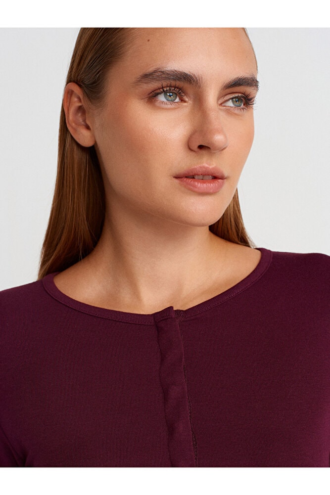 31442 Uzun Kollu Çıtçıt Düğmeli Top-Bordo