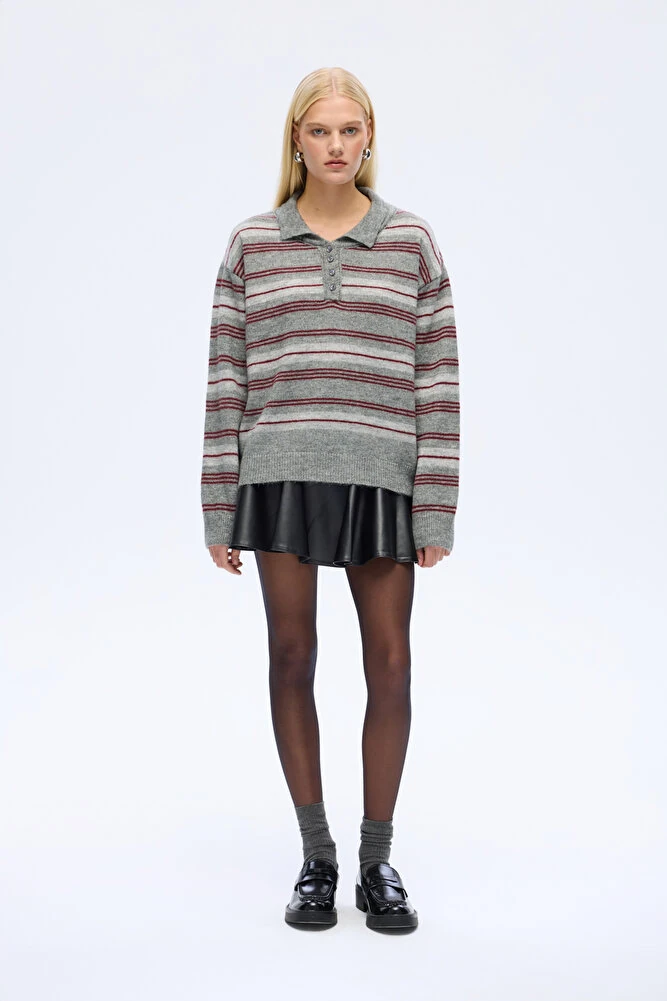 Ribanalı Polo Yaka Çizgili Triko Kazak Gri