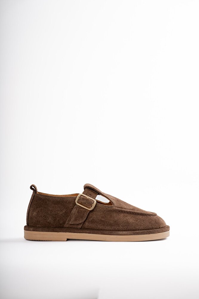 Cassiel Hakiki Deri Gold Ayarlanabilir Toka Detaylı Kadın Loafer- Kahve Süet