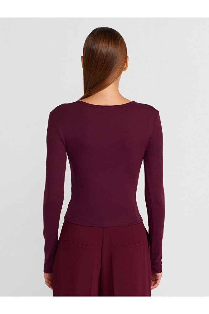 31442 Uzun Kollu Çıtçıt Düğmeli Top-Bordo