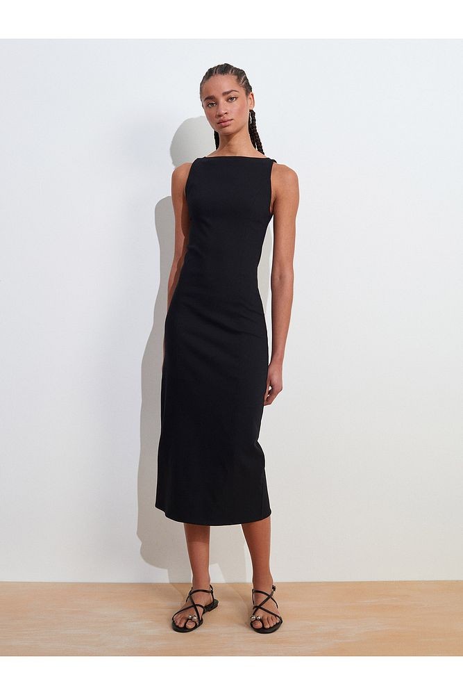 91099 Vücuda Oturan Midi Elbise-Kahve
