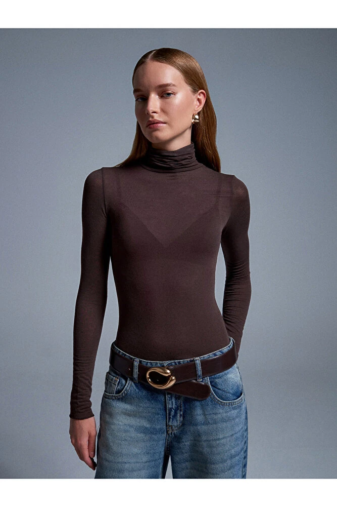 32277 Balıkçı Yaka Kaşmir Bluz-Kahve