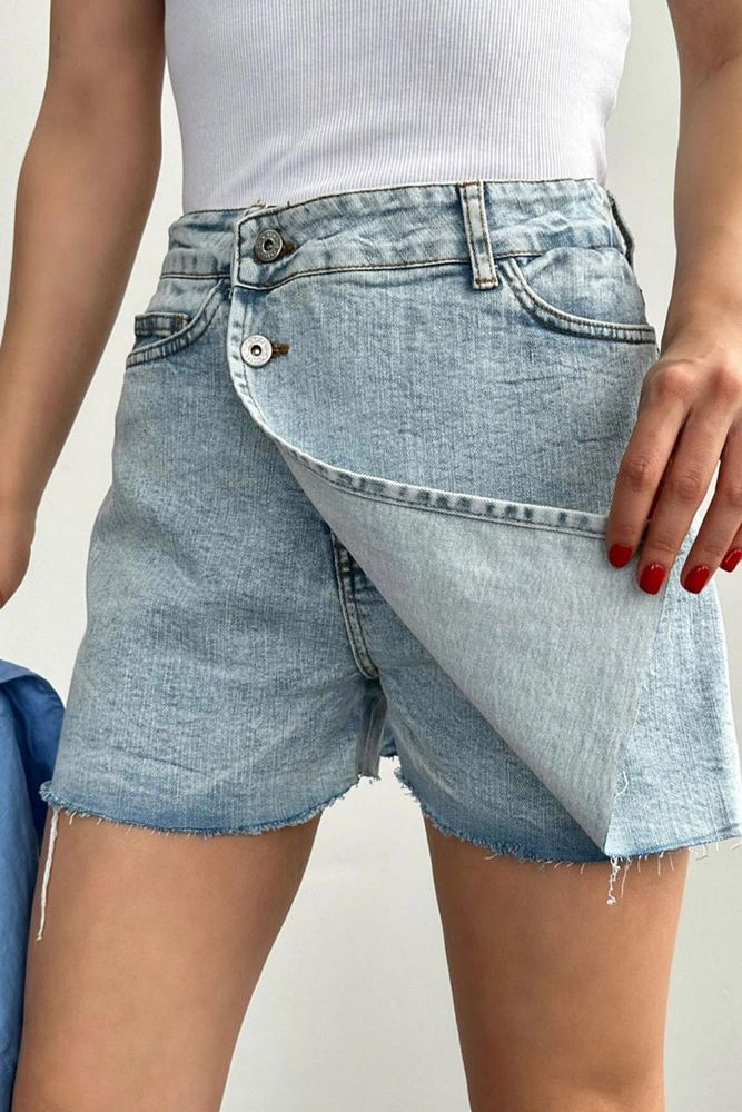 Kadın Mavi Çift Düğmeli Kısa Kot Şort Etek