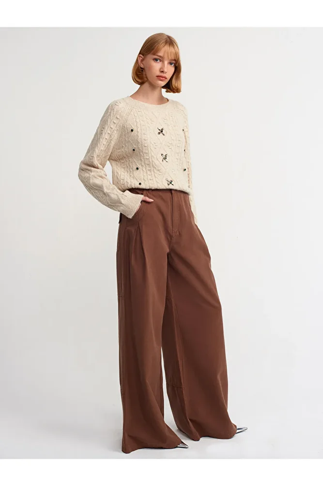 10462 Bisiklet Yaka Önü Taş İşlemeli Kazak-Ekru