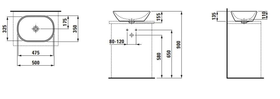 H8120830001121 LUA Çanak Lavabo 500x350 mm Armatür Deliksiz,Taşma Deliksiz Beyaz 