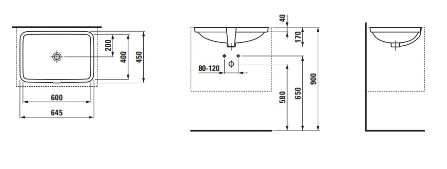 H8119650001091 PRO S Tezgah Altı Lavabo 600x400 mm Armatür Deliksiz Beyaz 
