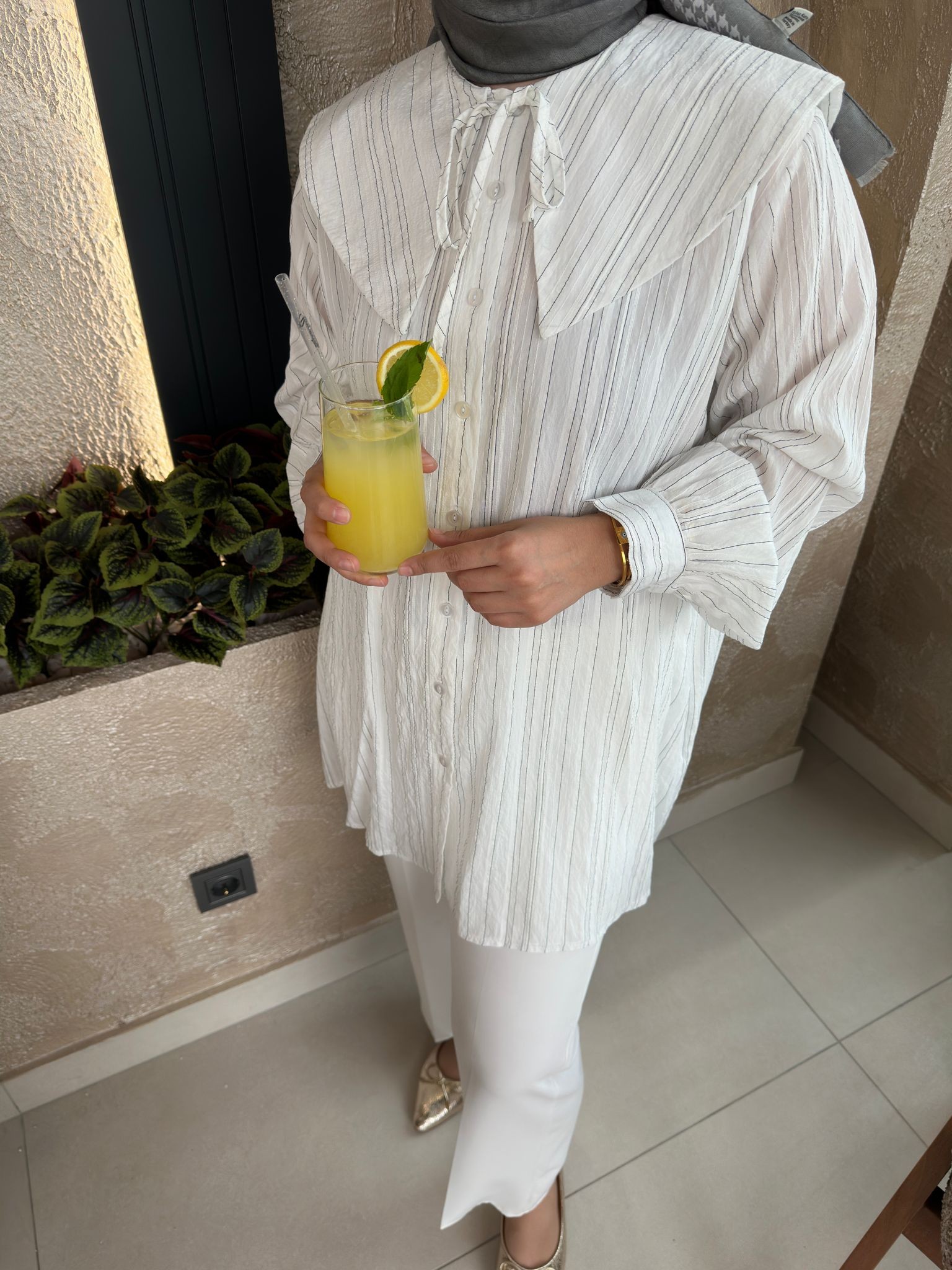 Bebe Yaka Çizgili Poplin Gömlek