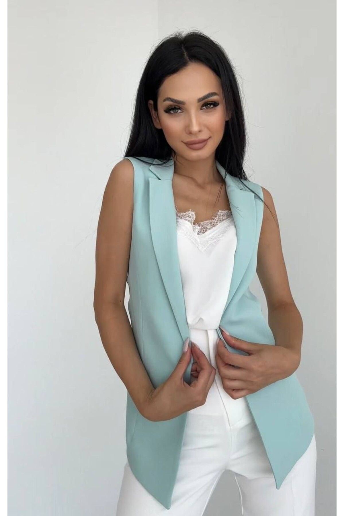 Şifon Detaylı Yelek - mint yeşili