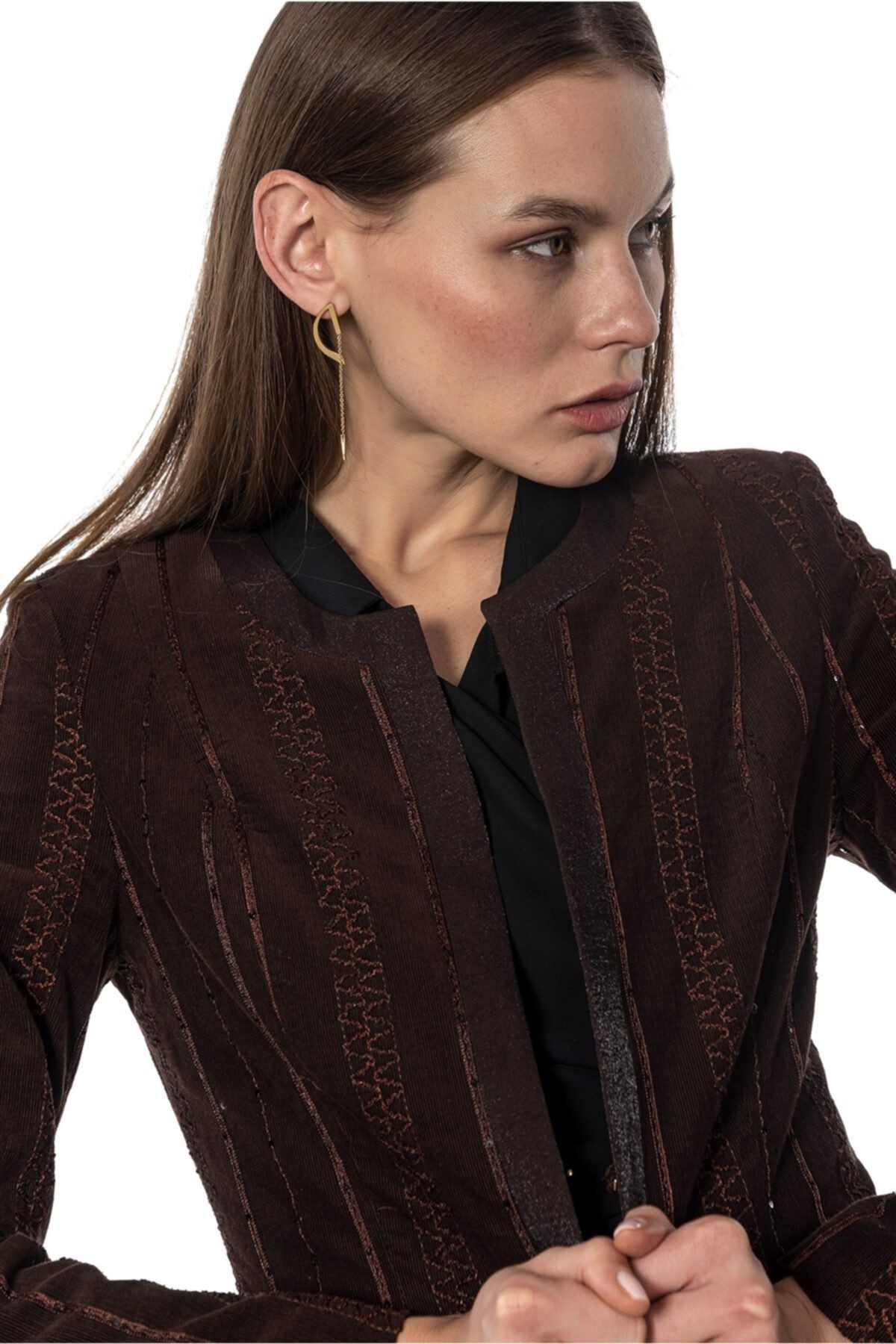 Payetli Kahverengi Blazer Kadın Ceket