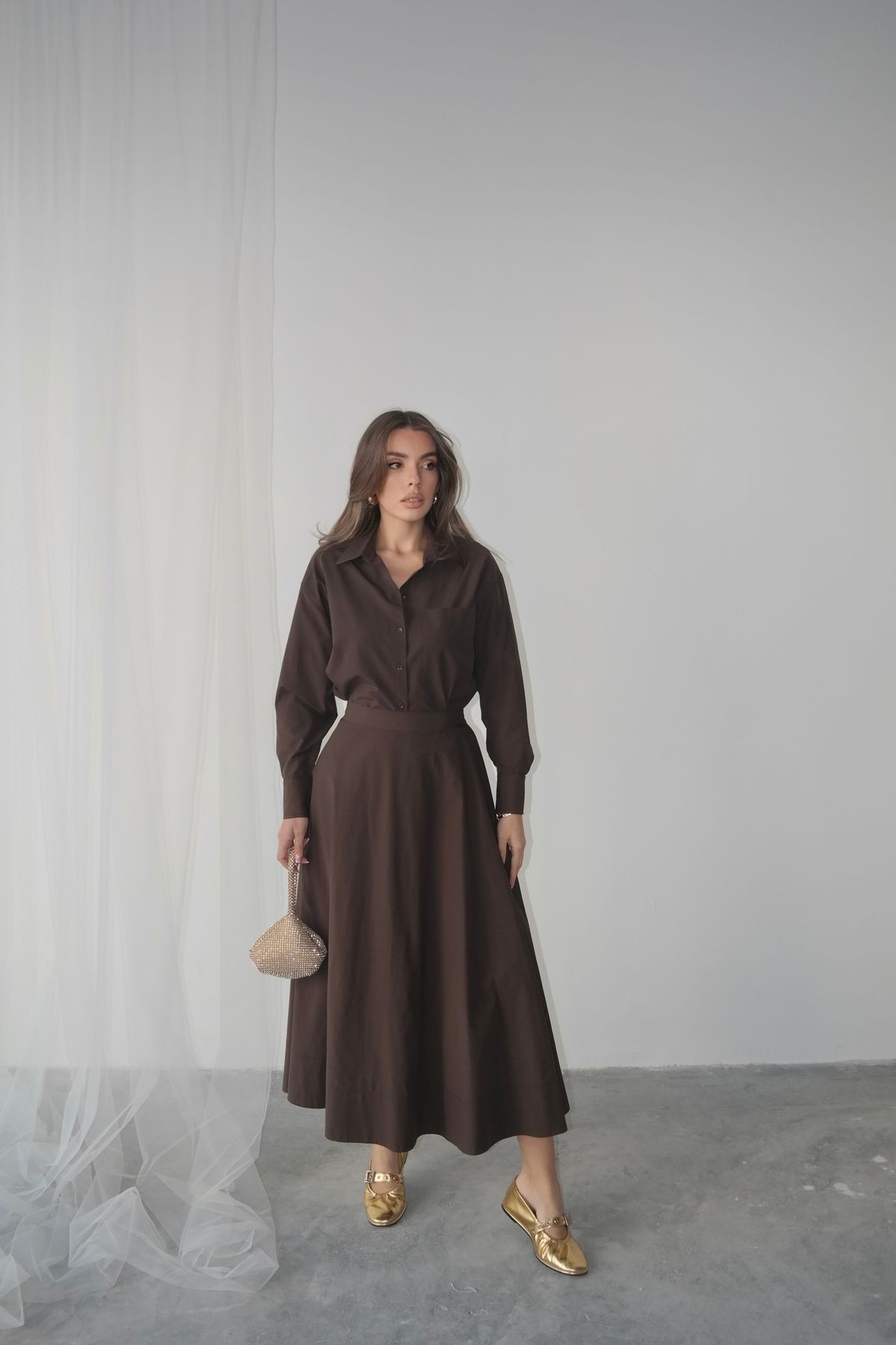 Oversize Düğmeli Kısa Gömlek - Kahverengi