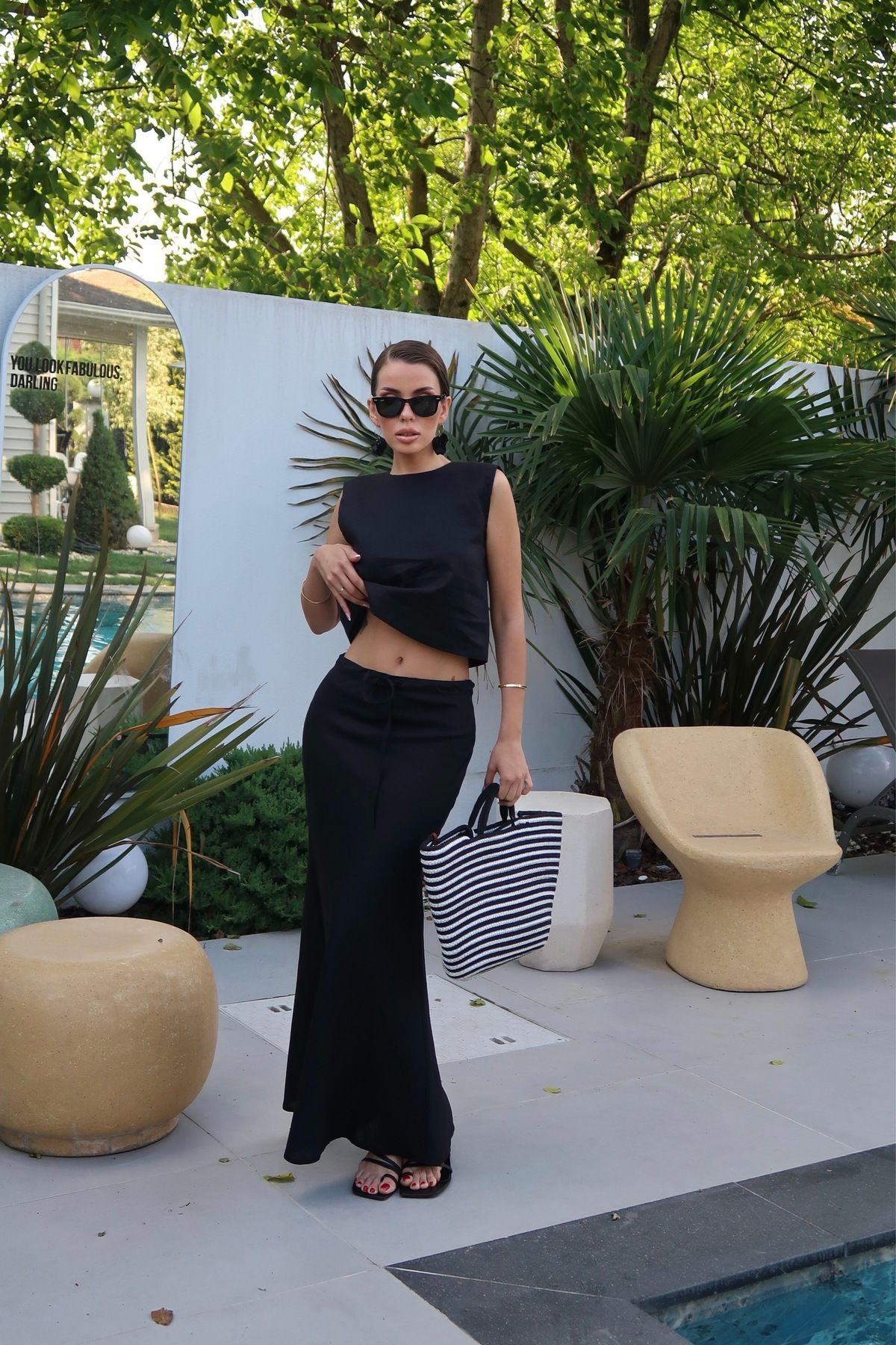 Palma Summer Rebecca Maxi Keten Etek Beyaz - Siyah