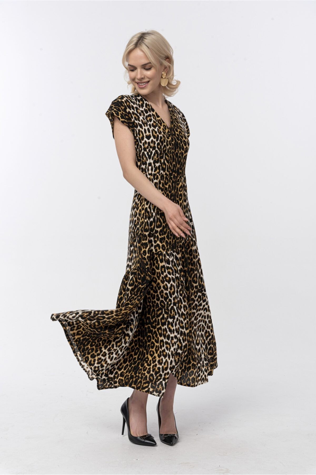 Leopar Desenli Maxi Uzun Elbise