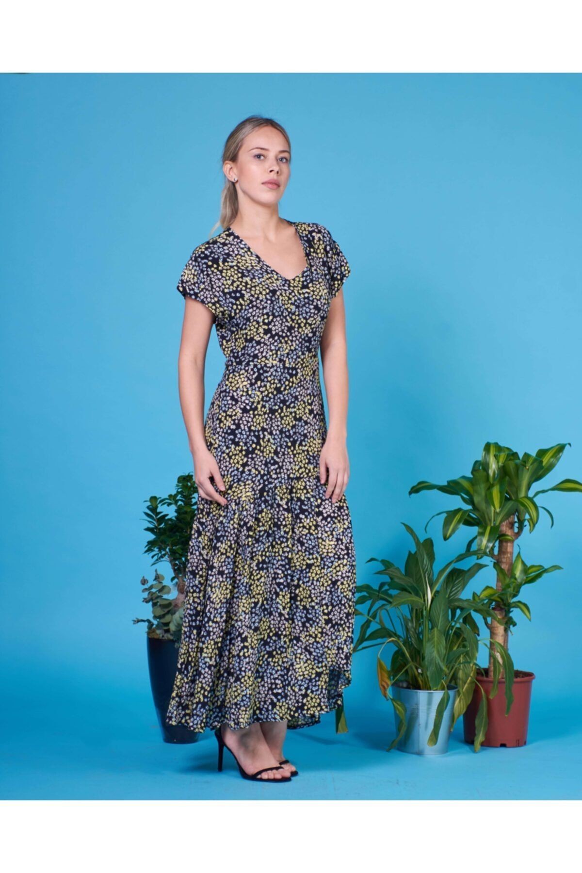 Leopar Desenli Maxi Uzun Elbise - Siyah