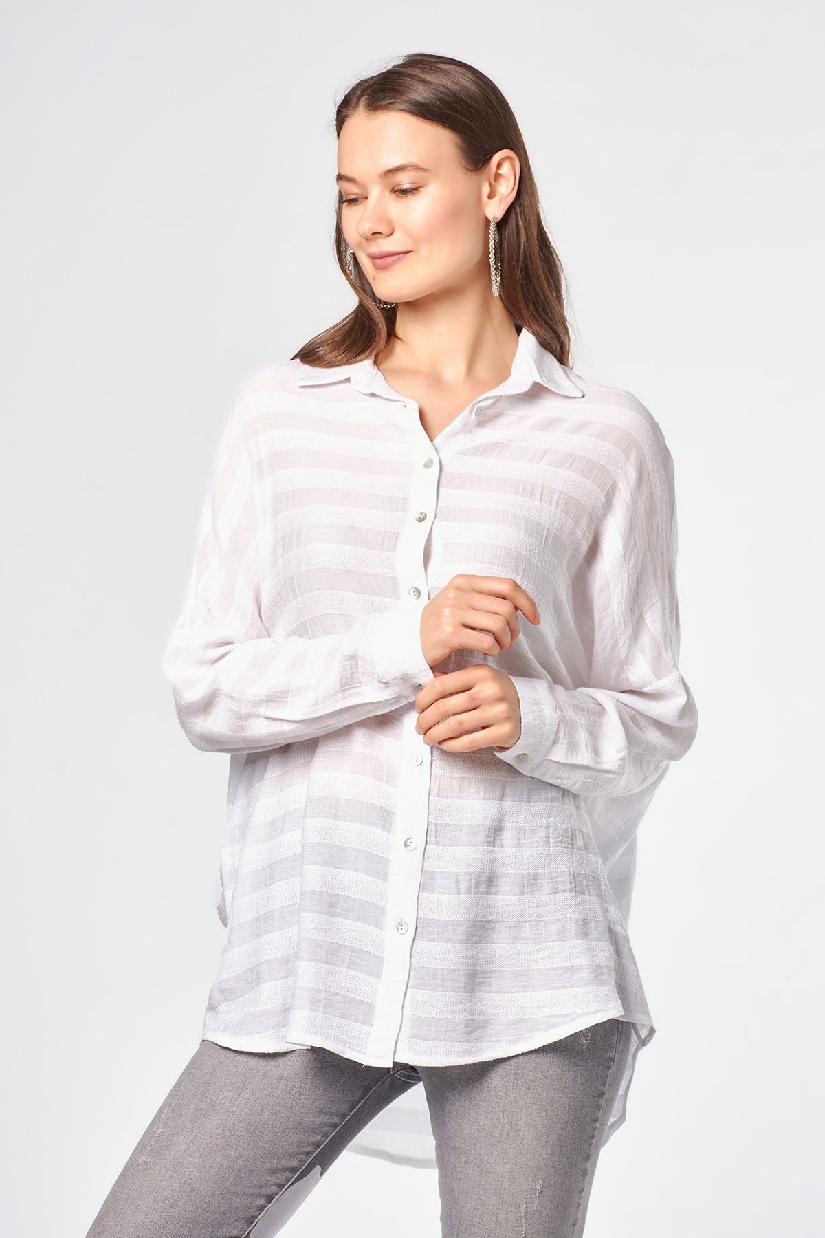 Kadın Ekru Çizgili Oversize  Gömlek
