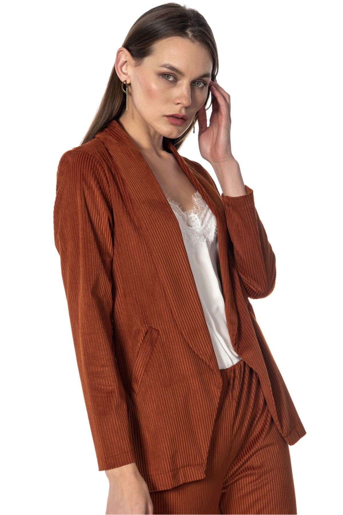 Fitilli Kadife Blazer Kadın Ceket - Kiremit