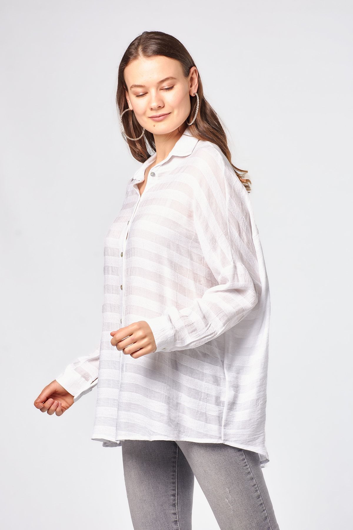 Kadın Ekru Çizgili Oversize  Gömlek