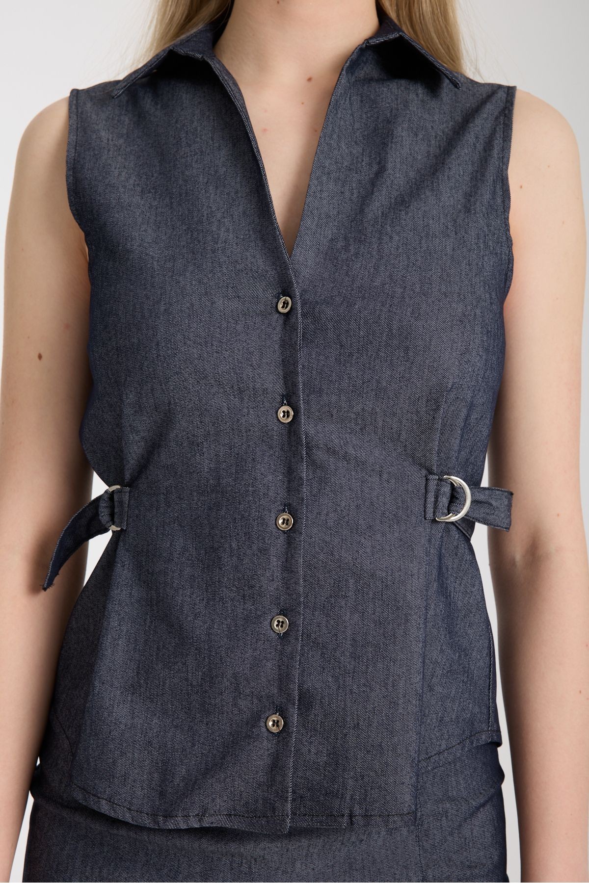 D Toka Detaylı Yelek Etek Takım Viskon Denim