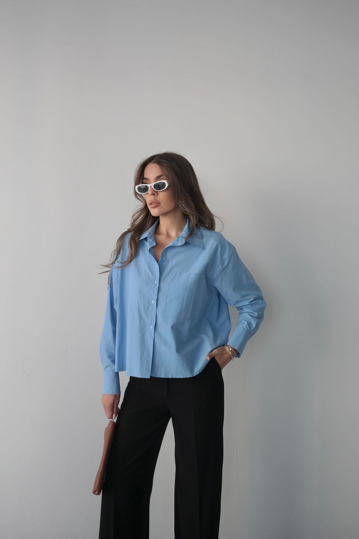 Oversize Düğmeli Kısa Gömlek - Mavi