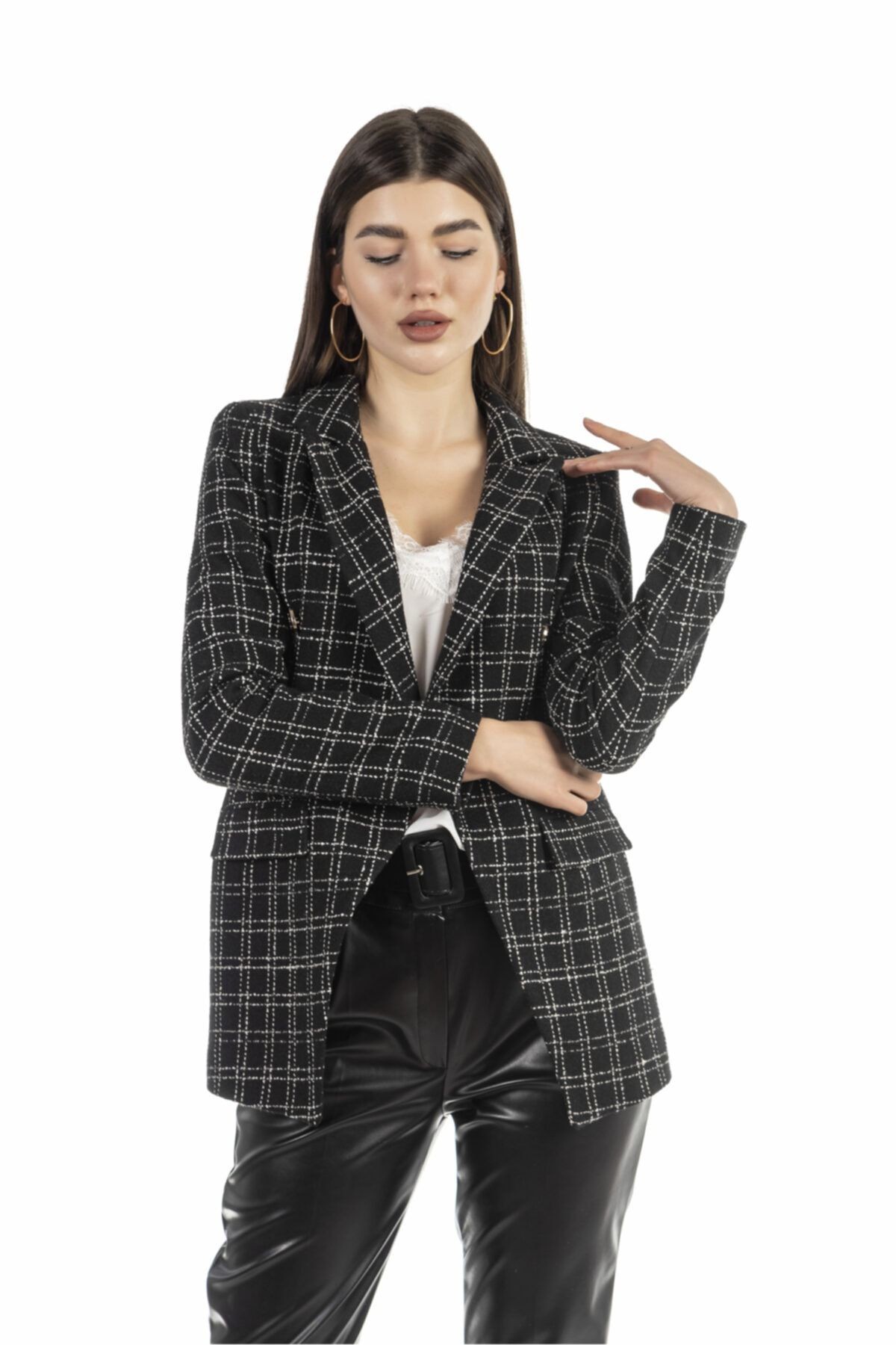 Ekose Siyah Blazer Kadın Ceket