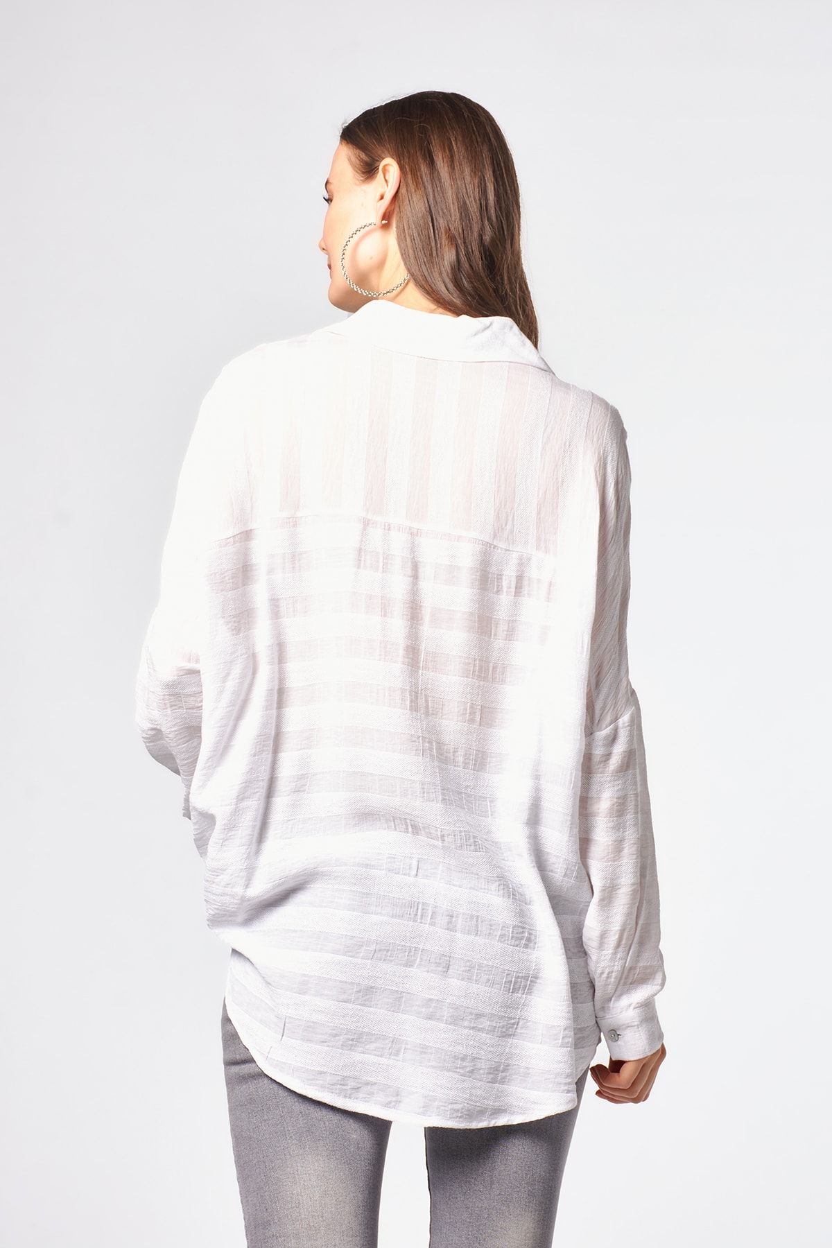 Kadın Ekru Çizgili Oversize  Gömlek