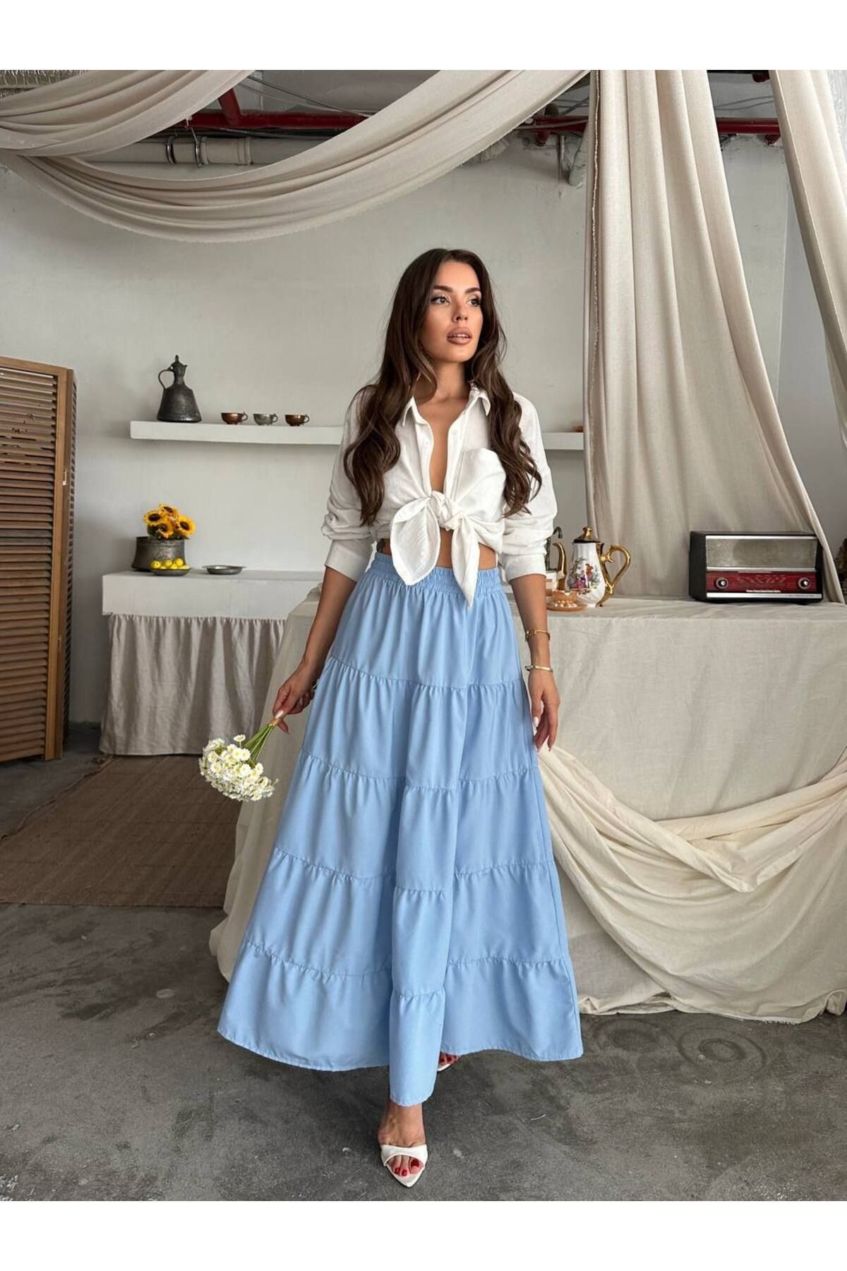 Melina Katlı Etek Mavi