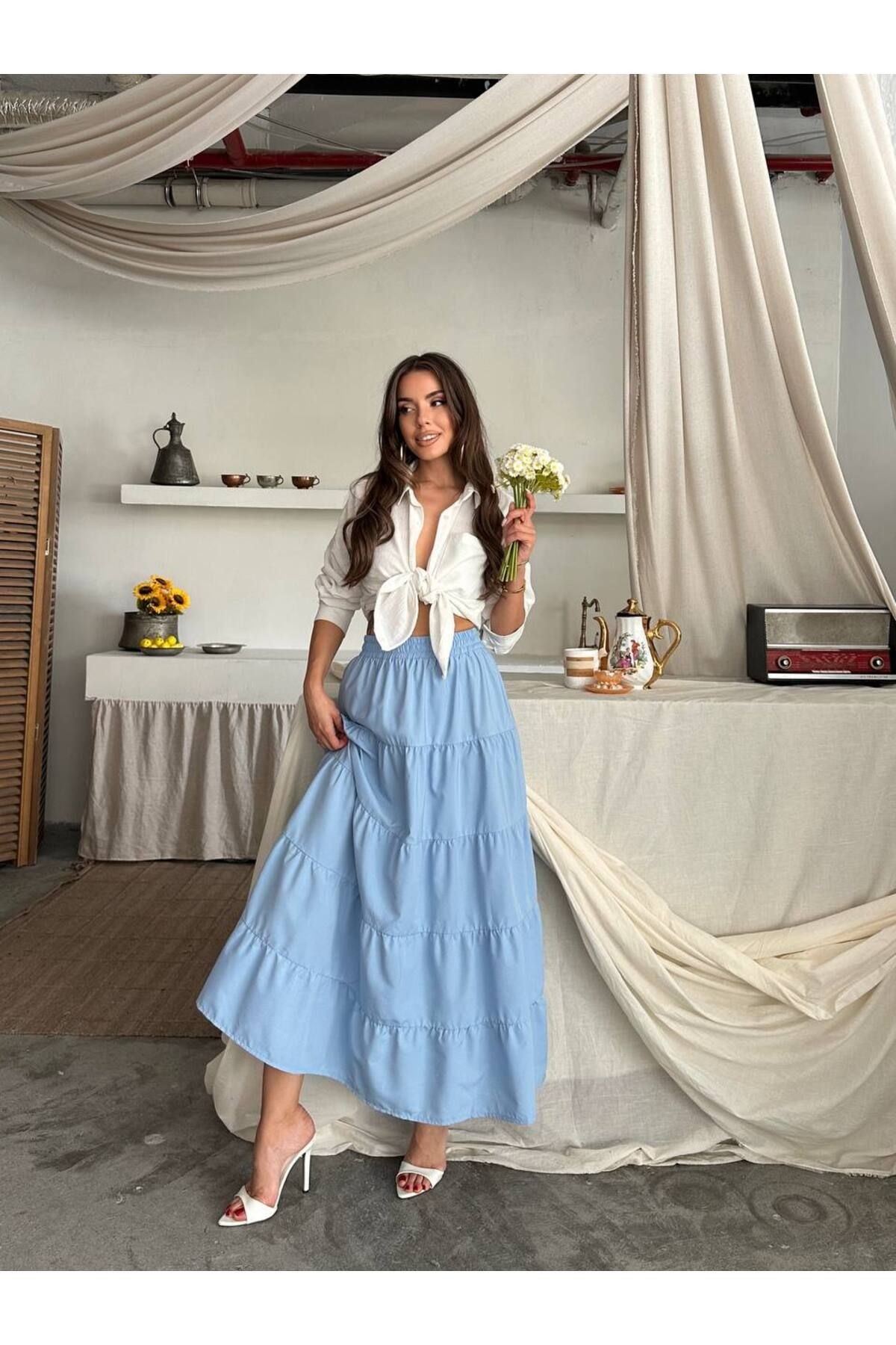Melina Katlı Etek Mavi