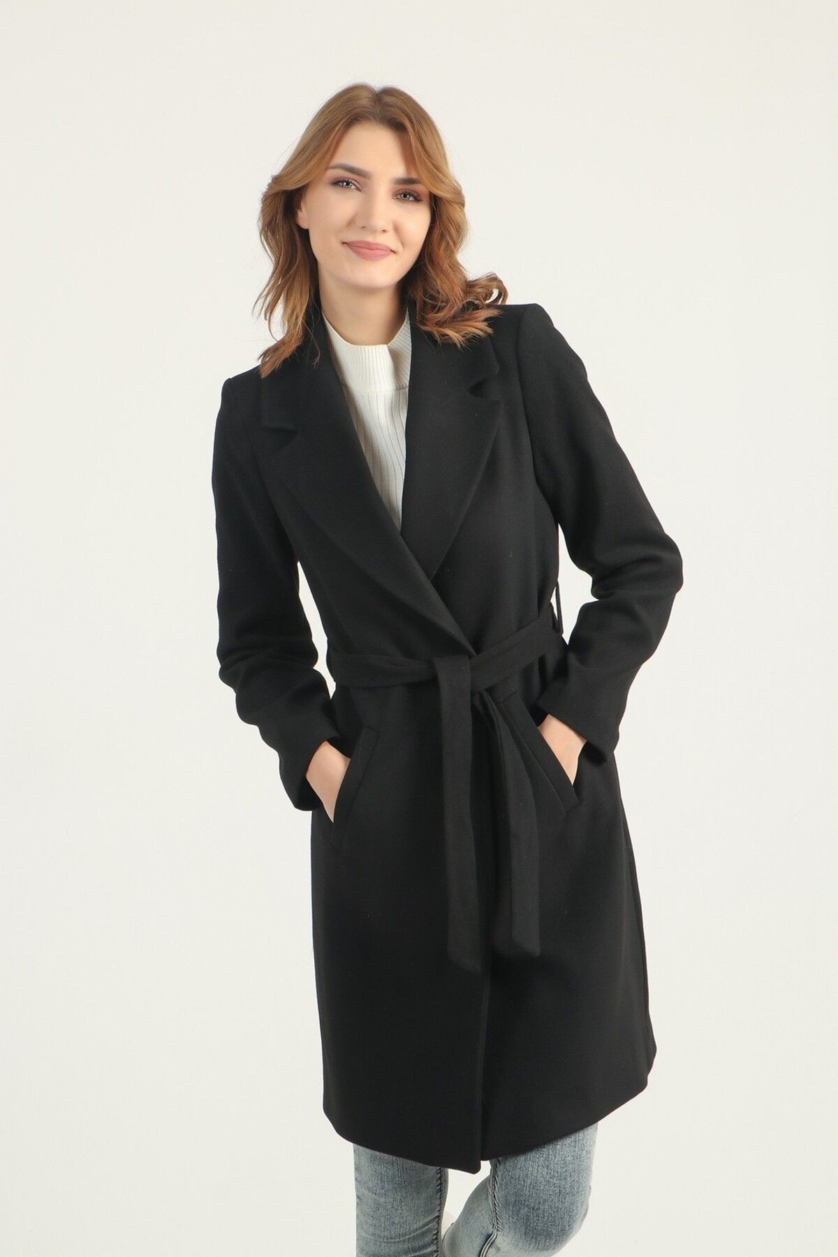 Kuşaklı Kaşe Kaban - Siyah
