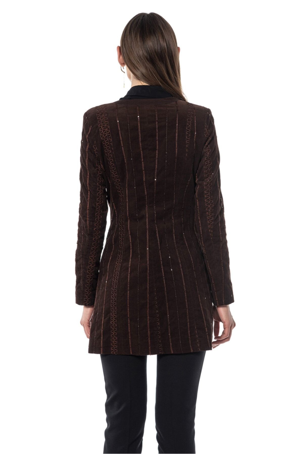 Payetli Kahverengi Blazer Kadın Ceket