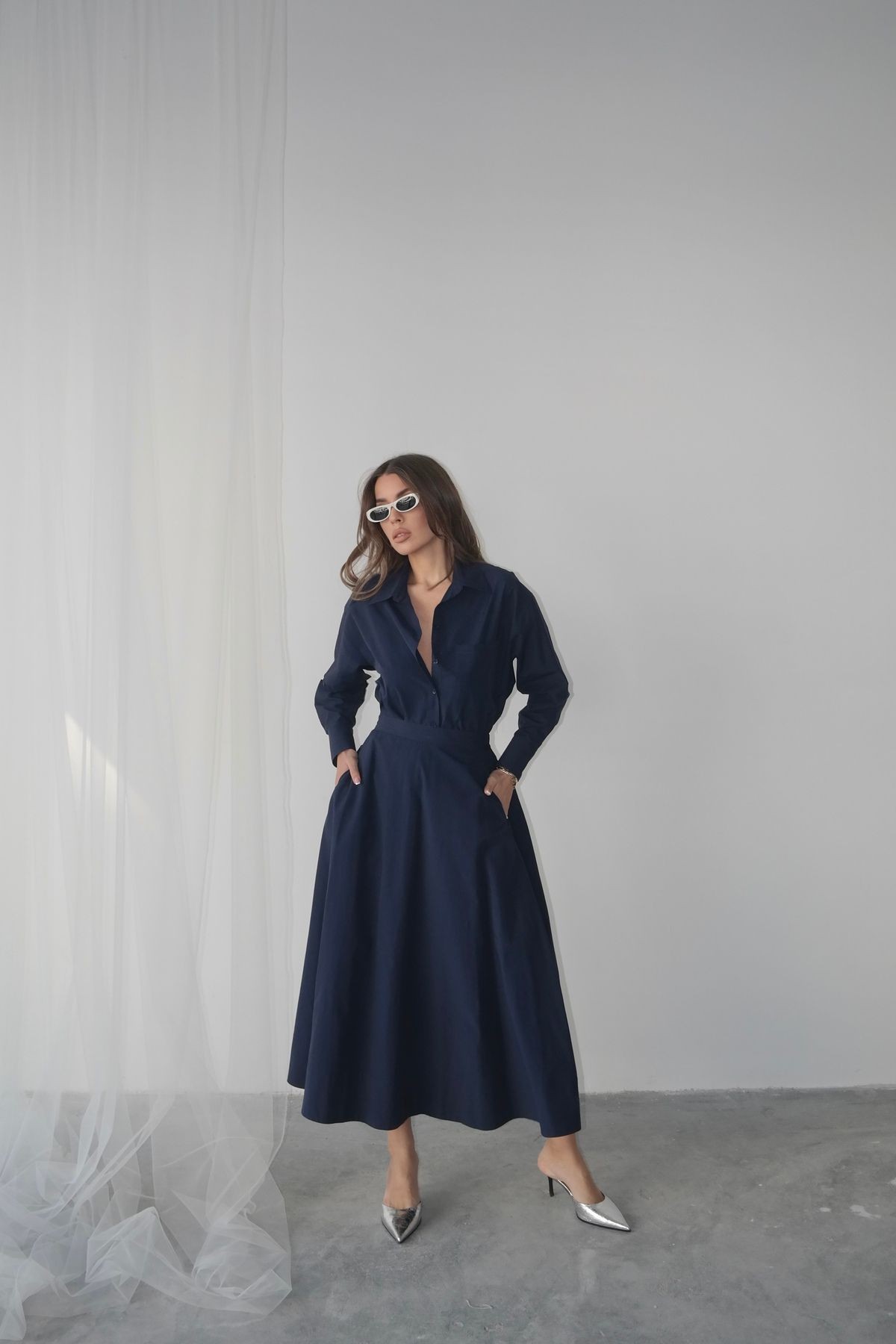 Oversize Düğmeli Kısa Gömlek - Lacivert