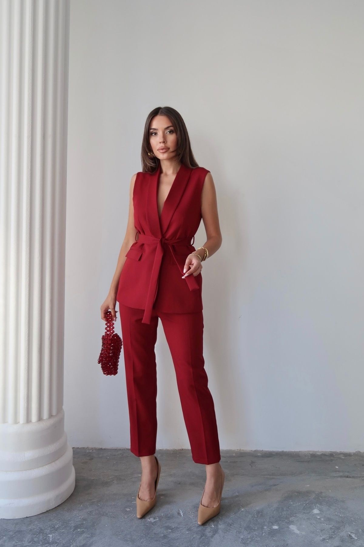 Violet Kuşaklı Yelek Ve Yüksek Bel Bordo Pantolon Takım