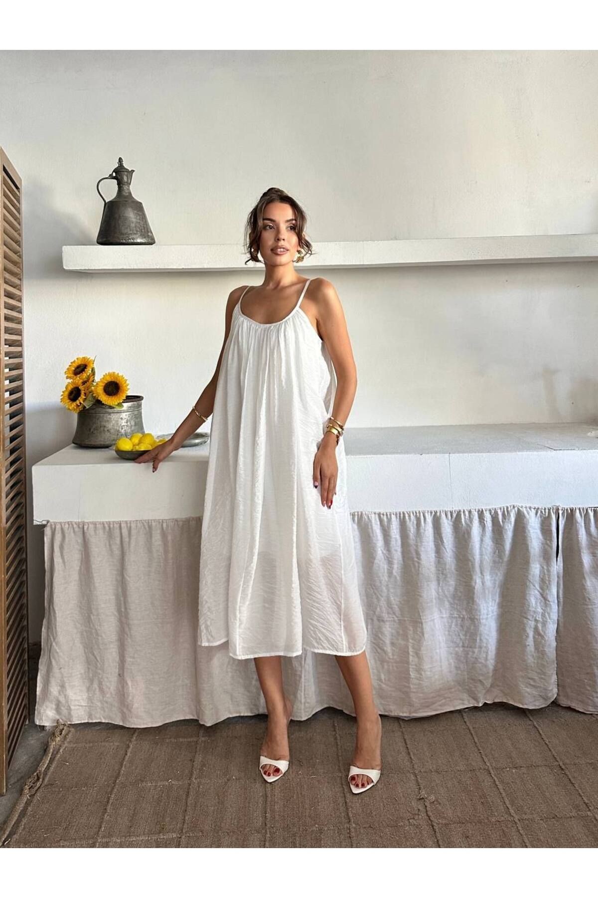 Fiona Yazlık Askılı Elbise Ekru